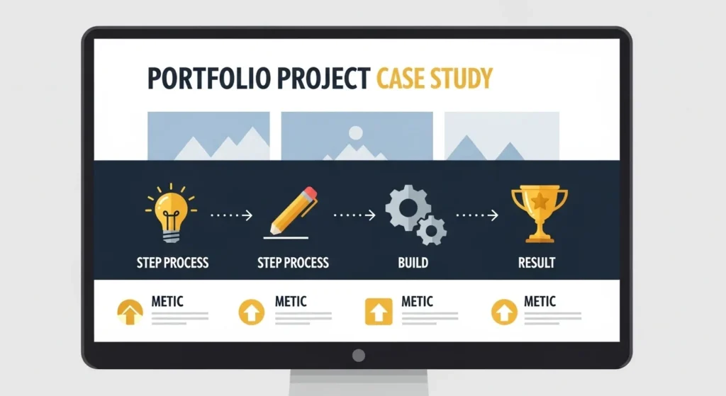 Portfolio website case study page layout showing project process from idea to result with measurable outcomes and client results