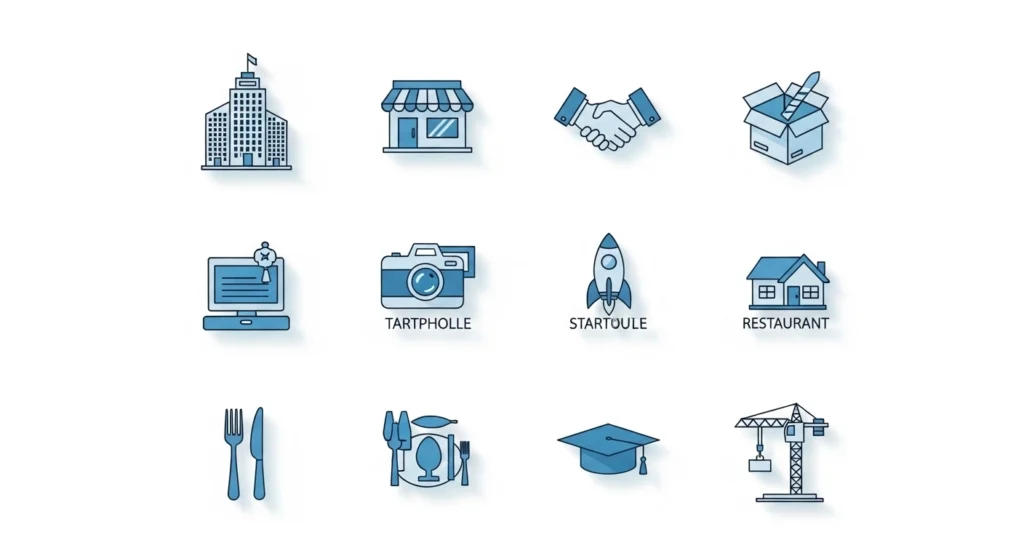 Types of business websites including corporate small business service portfolio startup real estate restaurant and construction websites