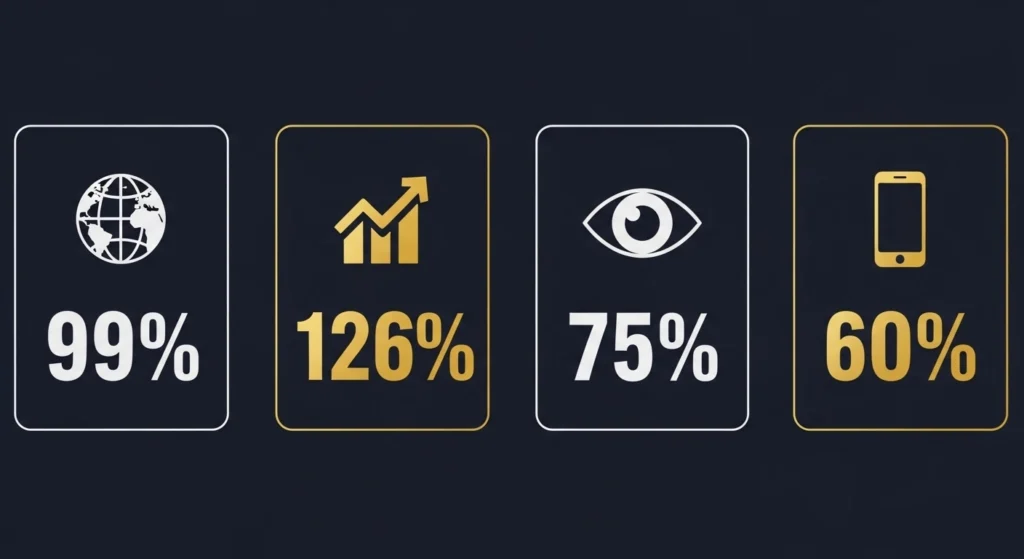 Business website statistics 2026 showing 99 percent people search online and 126 percent more leads with professional website