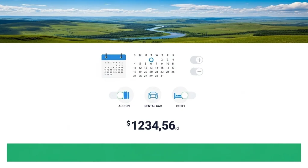Travel agency online booking system interface showing date picker traveler selector price display and book now button