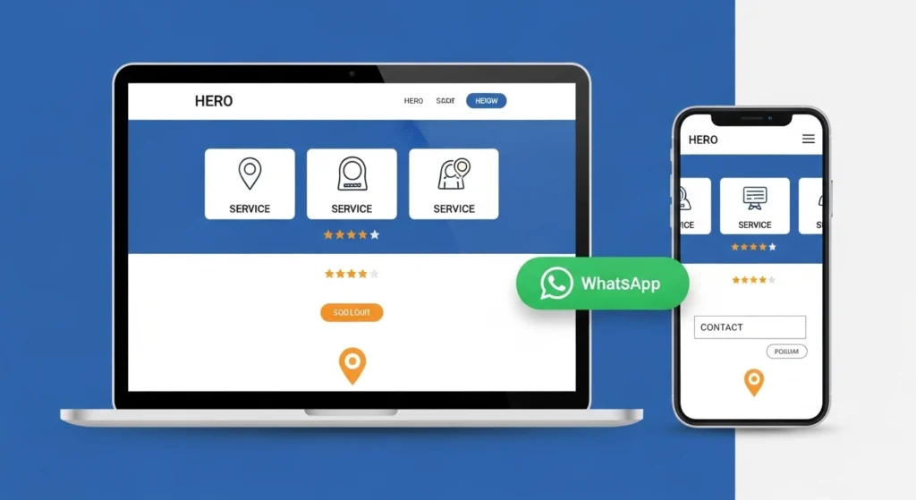Professional business website must-have features UI mockup showing homepage design service cards WhatsApp button and contact form