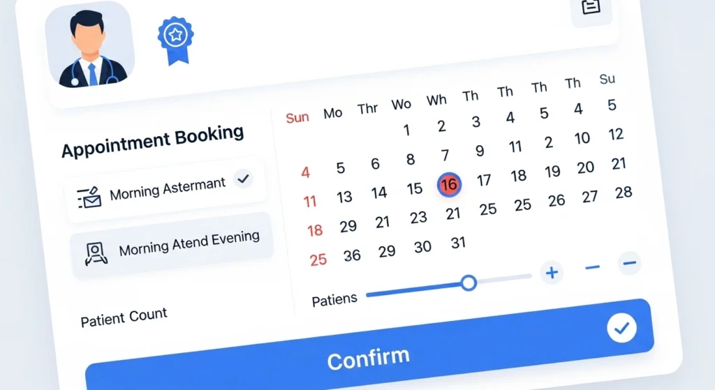 Online appointment booking system for doctor and clinic website showing calendar availability time slots and confirmation button