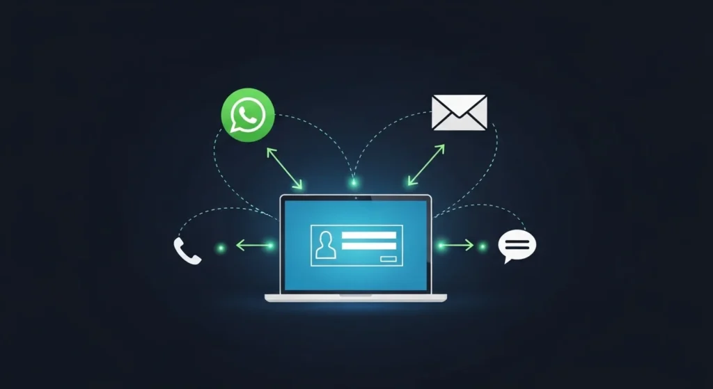 Business website lead generation system showing contact form WhatsApp email and live chat integration for customer inquiries