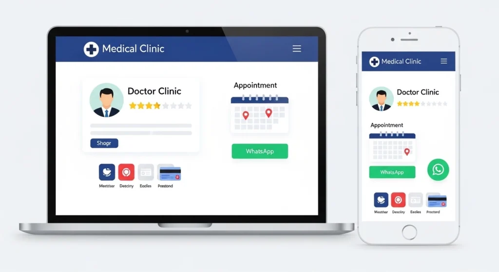 Medical clinic website must-have features UI mockup showing doctor profile appointment booking WhatsApp integration and payment options