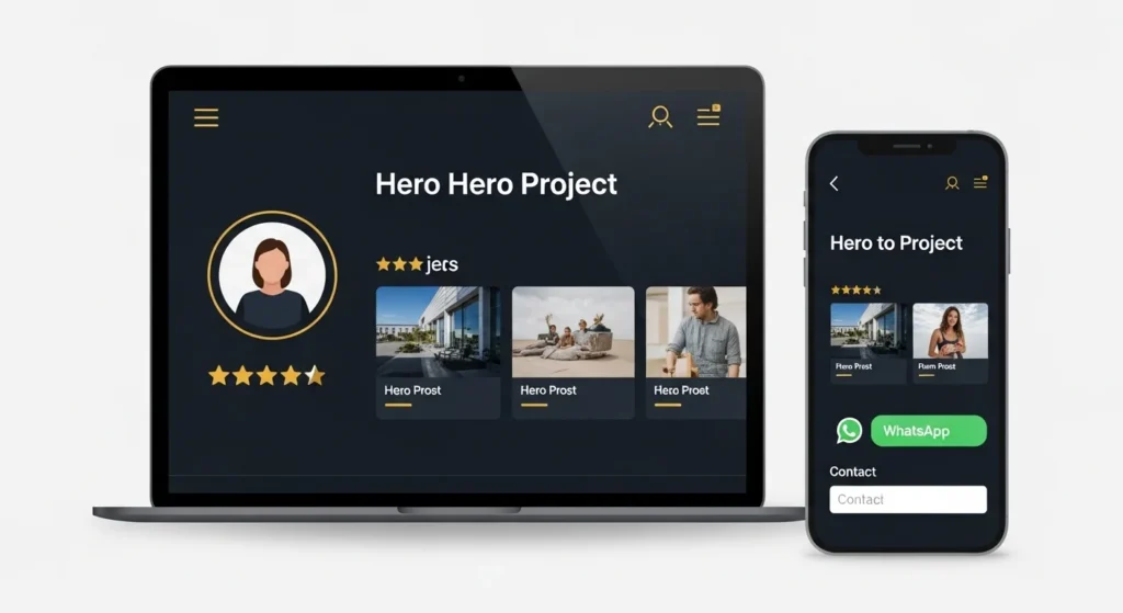 Professional portfolio website must-have features UI mockup showing project gallery case studies contact form and WhatsApp button
