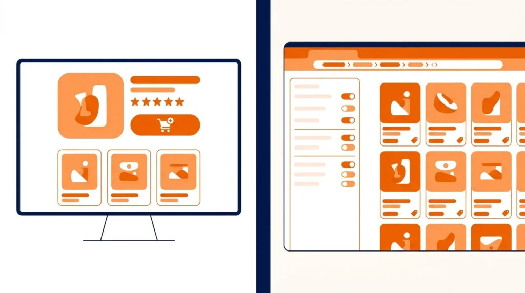 Shopify product page and collection page optimization showing SEO URL structure product filters star ratings and add to cart button