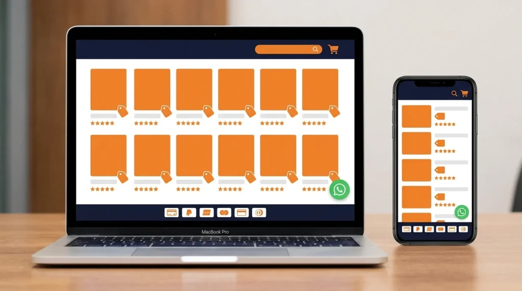 Shopify store must-have features UI mockup showing product grid shopping cart search bar star ratings WhatsApp button and payment icons